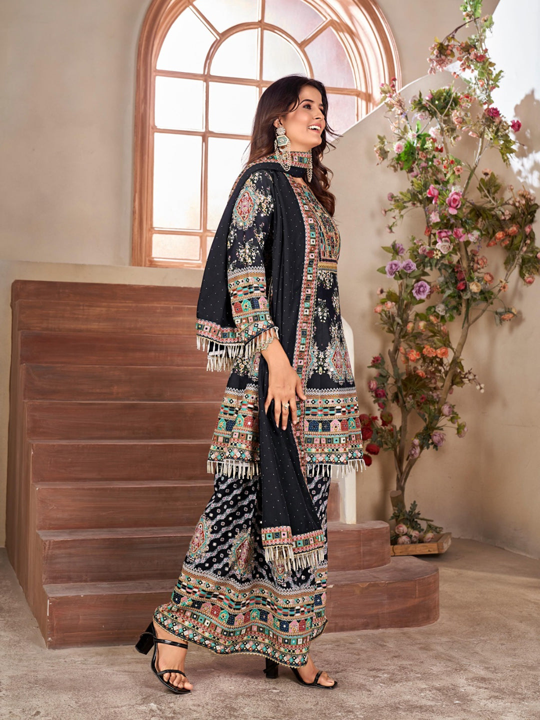 Elegant Black Traditional Designer Palazzo Suit with Heavy Fancy Real Mirror Hand Embroidery - Perfect for Weddings, Parties & Festive Occasions