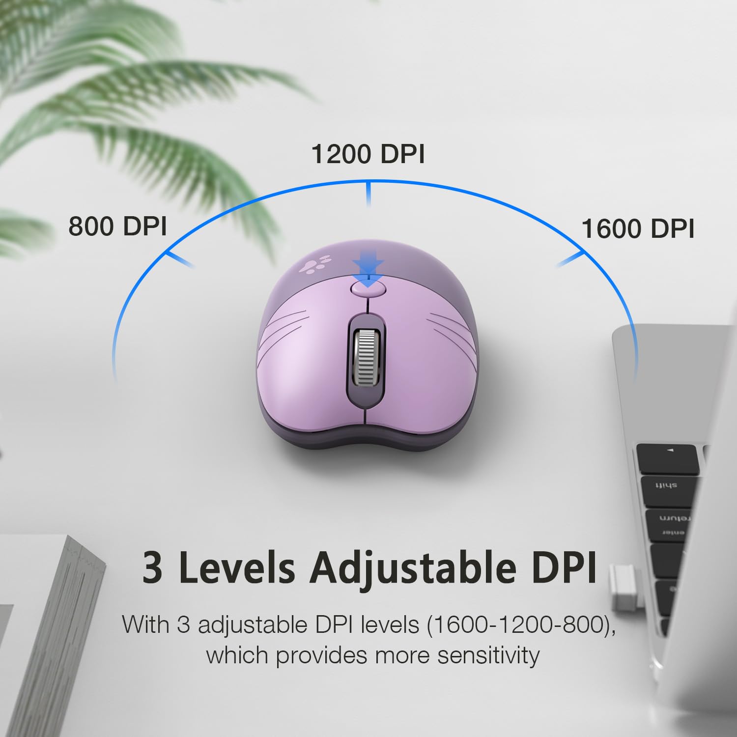 Cute Wireless Cat Mouse - 2.4GHz Silent USB Mouse with Adjustable DPI (800/1200/1600) for Laptop, PC, Notebook - Plug & Play Purple Mouse for Office, Home, Gaming & Work