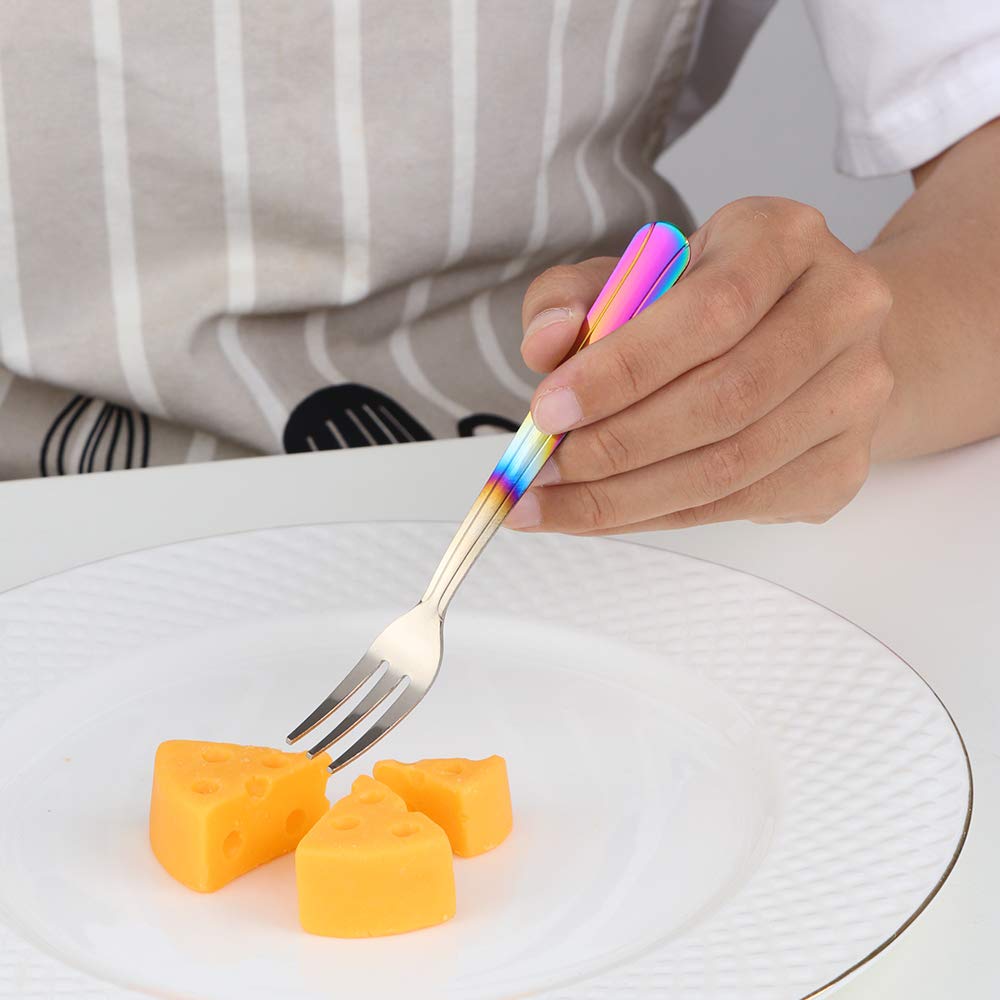 QIBOMOON 12-Piece Stainless Steel Oyster Fork Set - 5.6 Inch Rainbow Gradient Cake Forks, Silverware for Parties & Fine Dining | Perfect for Seafood, Desserts & Elegant Table Settings