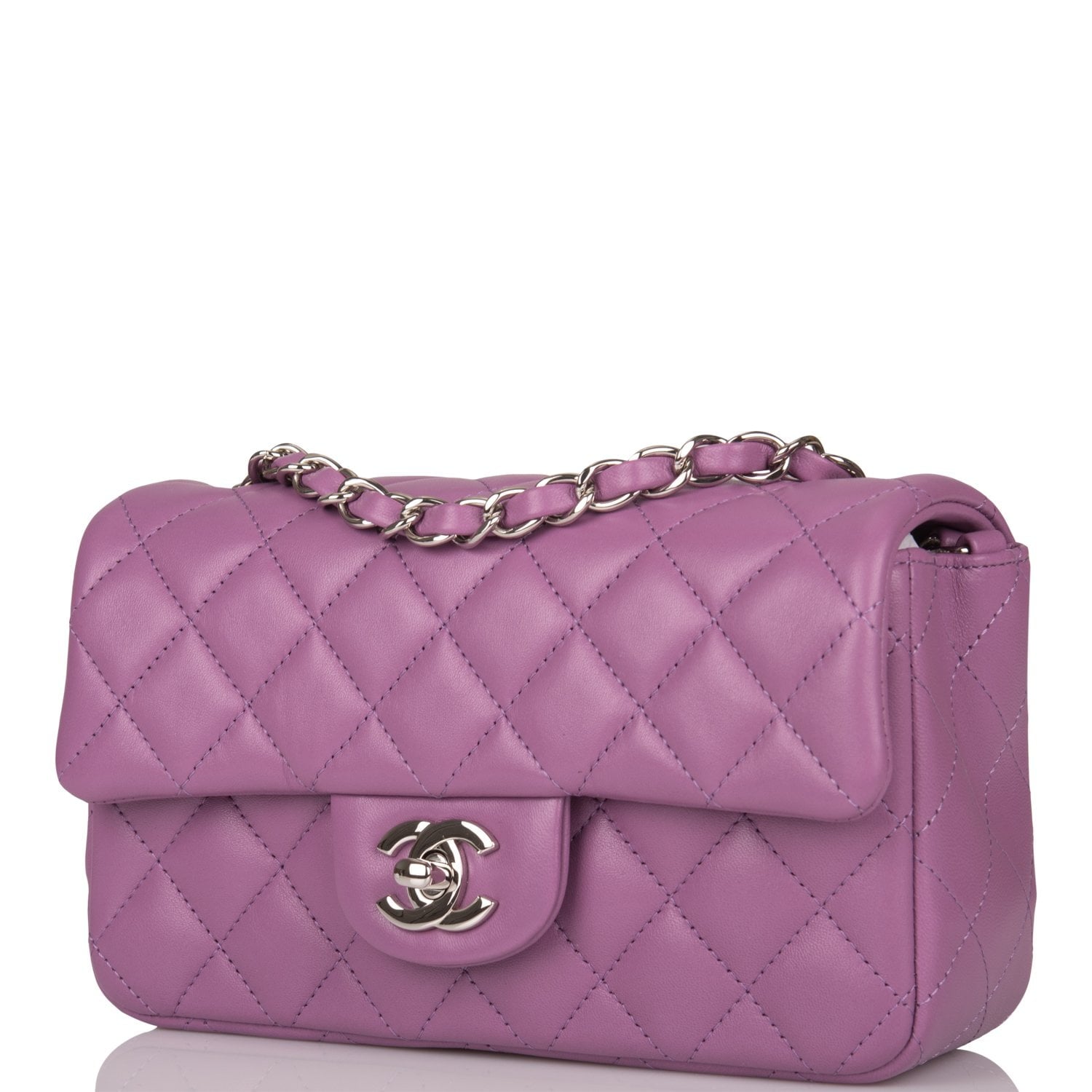 Chanel Mini Rectangular Flap Bag in Purple Lambskin Leather with Silver Hardware - Perfect for Evening Events & Luxury Fashion Accessories