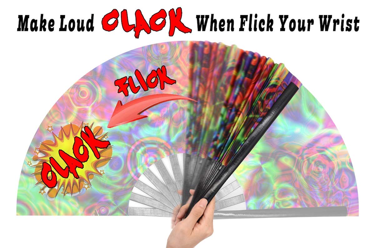 OMyTea 13'' Large Rave Folding Hand Fan for Men & Women - Portable Clack Festival Fan with Disco Bass Design - Perfect for EDM Concerts, Music Festivals, Rave Parties and Outdoor Events