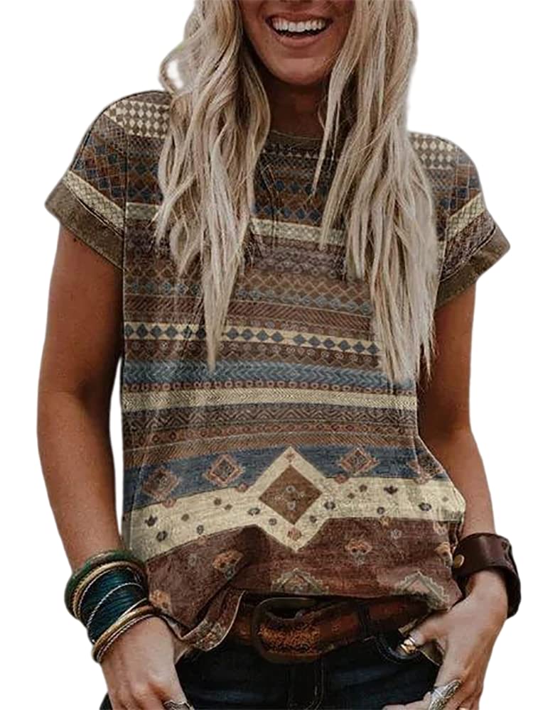 Women's Casual Short Sleeve V-Neck Western Shirts - Ethnic Graphic Print Loose Fit Summer Pullover Tops for Outdoor Activities, Travel & Daily Wear