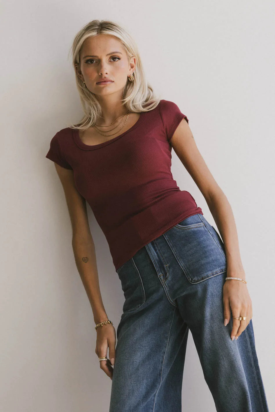 Freya Ribbed Burgundy Women's T-Shirt | Soft Stretch Fit Casual Top | Perfect for Layering, Work & Everyday Wear