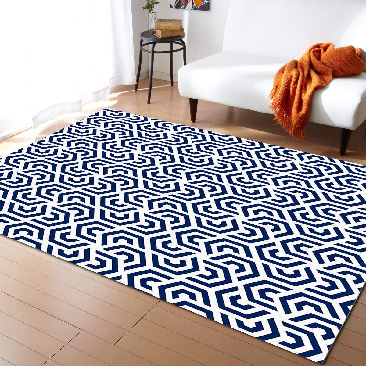 Non-Slip Hexagon Geometric Area Rug - Dark Blue & White Contemporary Indoor Carpet with Rubber Backing, Fade-Proof & Washable - Perfect for Living Room, Bedroom Decor (5' x 8') | Ideal for Home, Office & High-Traffic Areas