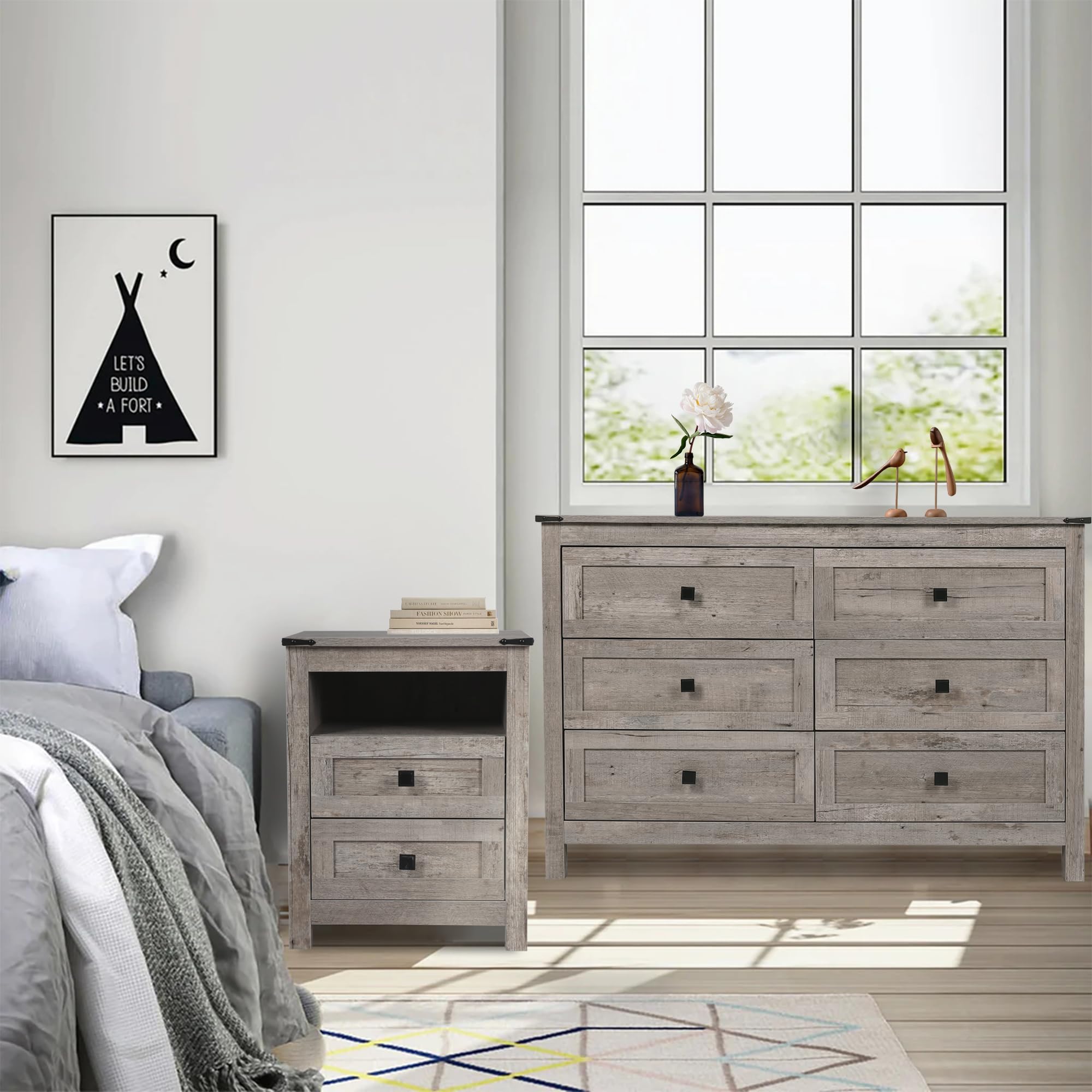 Rustic Farmhouse Bedroom Furniture Set - 6-Drawer Wood Dresser & Nightstand, Wide Storage Organizer Cabinet for Bedroom & Living Room | Perfect for Home Decor, Guest Rooms & Cozy Farmhouse Style Interiors