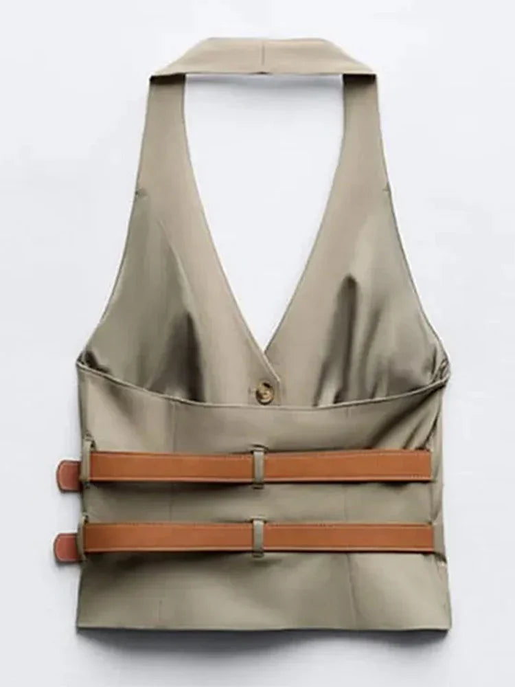 Stylish Women's Leather Belt V-Neck Halter Vest - Elegant Sleeveless Backless Tank Top for Women | Y2K Fashion Trend | Perfect for Spring Summer Outfits, Parties & Casual Wear