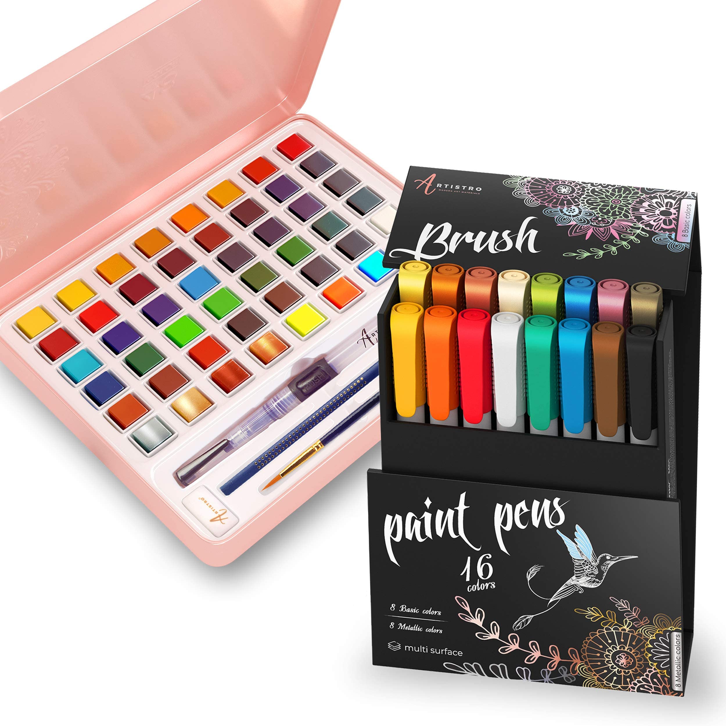 16 Acrylic Paint Pens Brush Tip & Watercolor Paint Set - 48 Vibrant Colors in Metal Tin Box - Art Supplies for Beginners, Professionals, Adults & Kids - Perfect for Canvas Painting, DIY Crafts, Sketching & Calligraphy