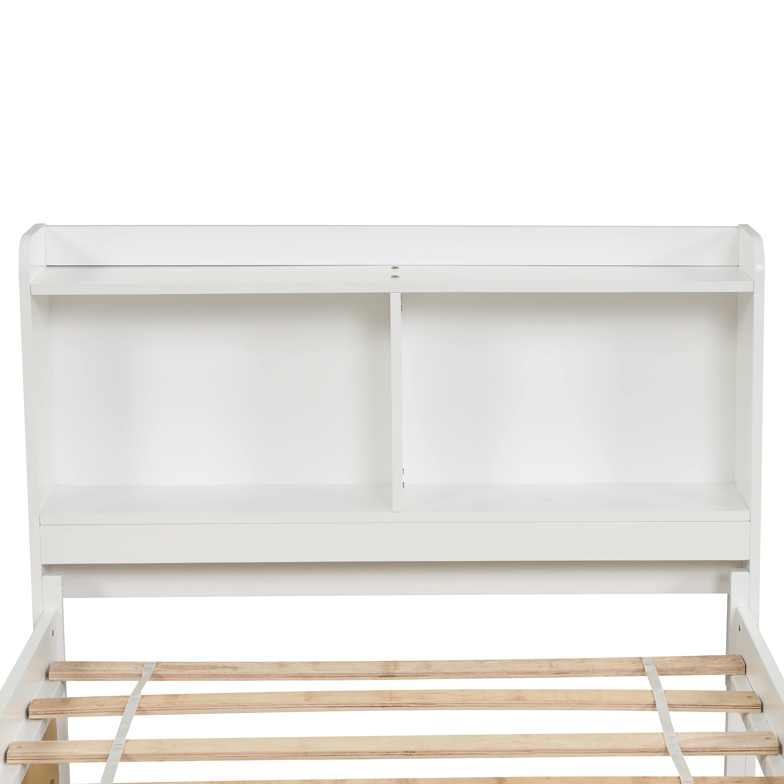 Twin Size Platform Bed with Trundle - Wooden Twin Bed Frame with Bookcase Headboard & Storage Shelves, No Box Spring Needed (White) - Perfect for Kids Rooms, Guest Beds & Small Space Bedrooms