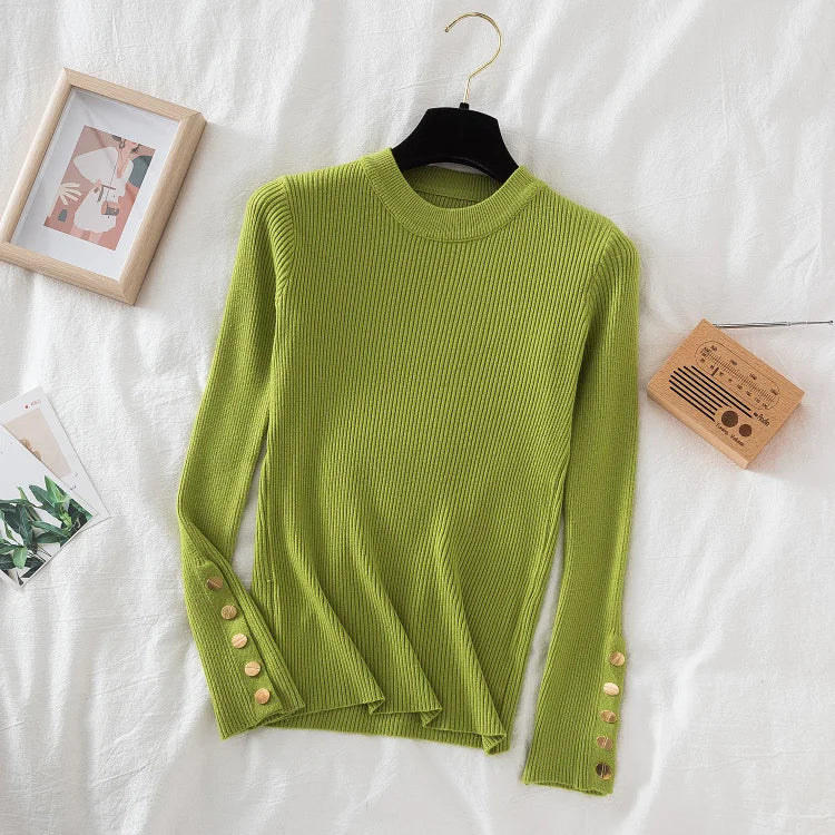 Thick Buttoned Long Sleeve O-Neck Sweater for Women - Cozy Winter Pullover for Casual Outfits & Office Wear
