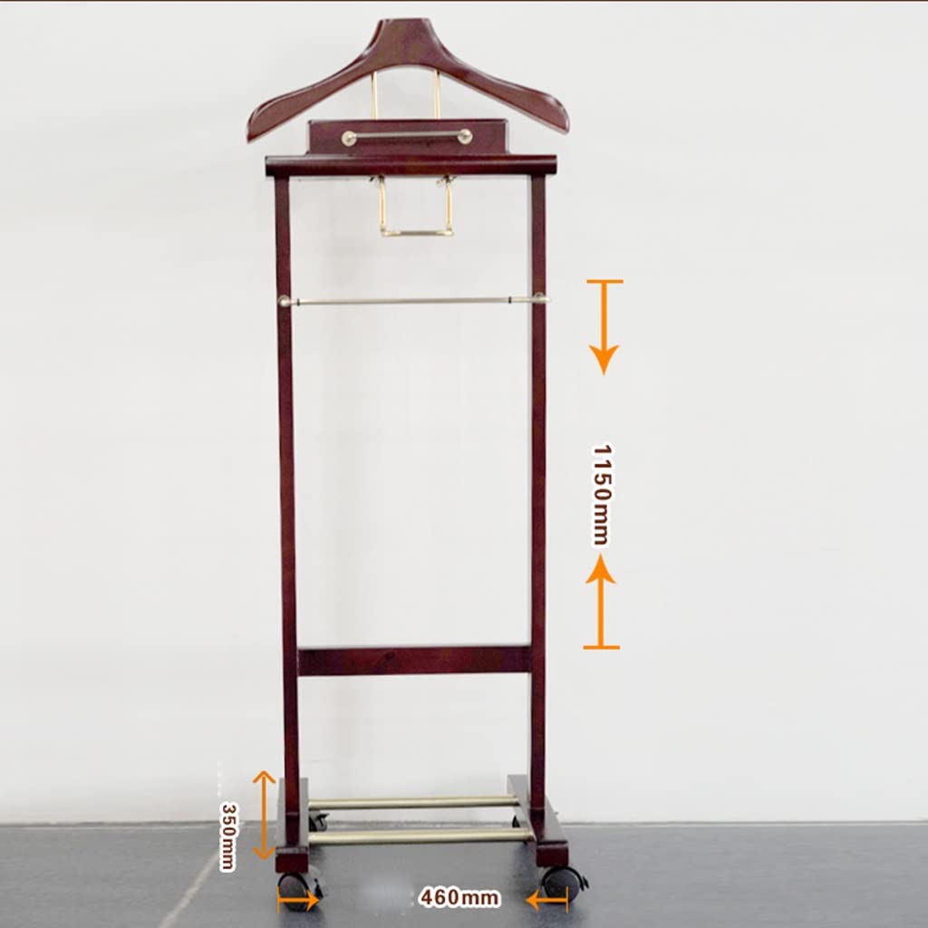 Premium Wooden Suit Valet Stand with Wheels - Mahogany Wardrobe Organizer with Top Tray, Contour Hanger, Trouser Bar, Tie/Belt Rack & Shoe Storage (46