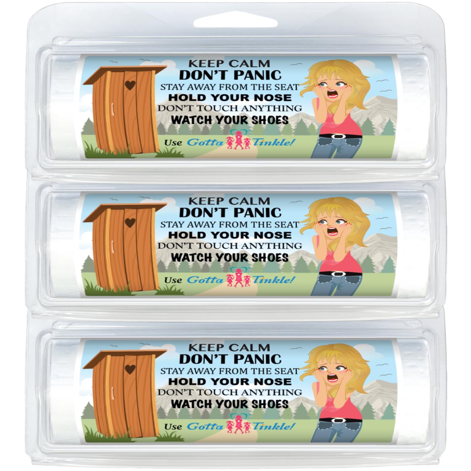 Premium Mini Toilet Paper Rolls 3-Pack - Travel Size for Purses & Emergency Kits with Convenient Plastic Dispenser - Funny Outhouse Humor Design (Keep Calm Outhouse - Blonde) - Perfect for Camping, Road Trips & Outdoor Adventures