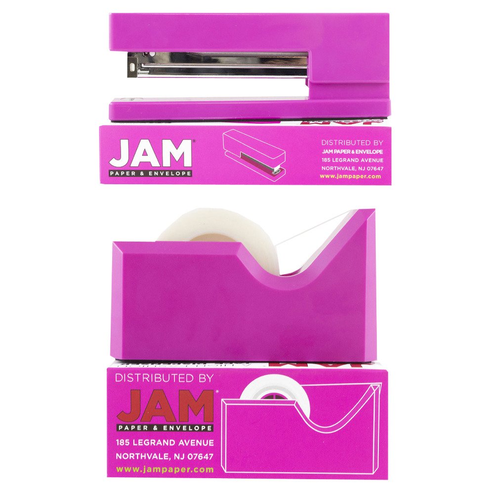JAM PAPER Pink Office Starter Kit - Stapler, Tape Dispenser, Staples, Paper Clips & Binder Clips (5-Piece Set) - Perfect for Home Office, School & Workplace Organization