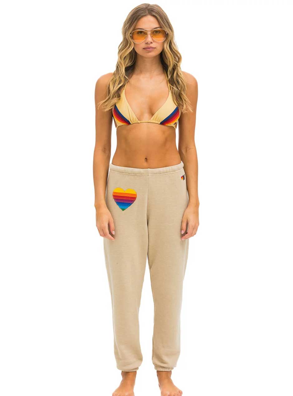 Aviator Nation Women's Rainbow Heart Stitch Sweatpants - Sand Tan | Comfortable Casual Lounge Pants for Yoga, Running & Home Wear