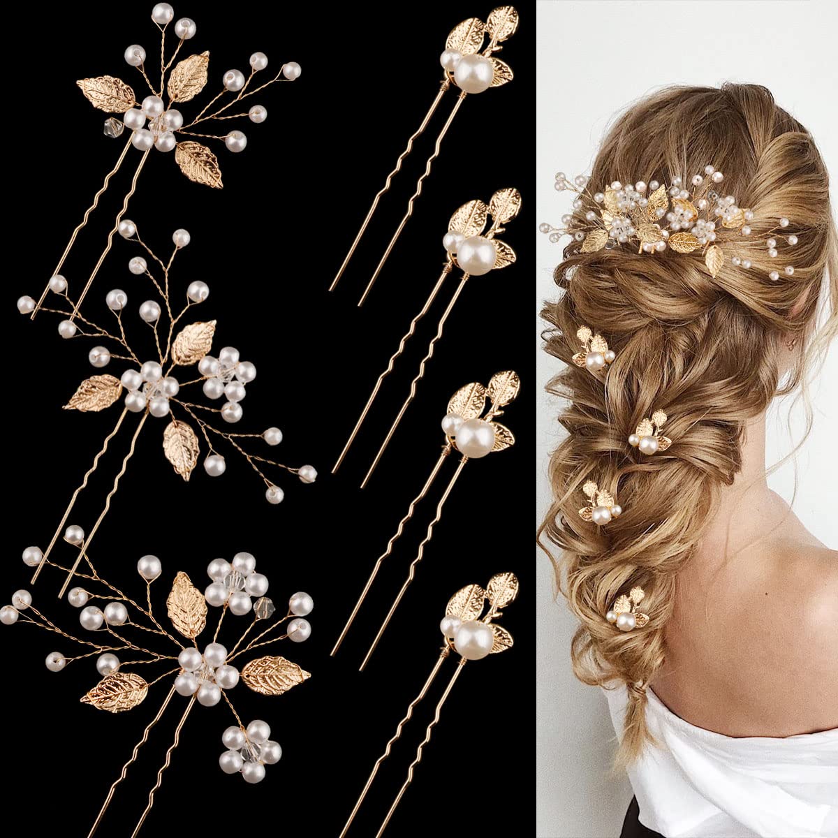7-Piece Gold Leaf Pearl Wedding Hair Pins Set - Elegant Bridal Headpiece for Bride & Bridesmaids | Perfect for Weddings, Prom, Parties & Special Occasions