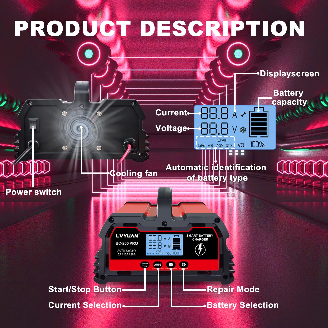 LVYUAN 12V/24V Smart Car Battery Charger & Maintainer - 5A/10A/20A Automotive Charger for AGM, LiFePO4 Lithium & Lead Acid Batteries - Perfect for Cars, Trucks, Motorcycles, RVs & Seasonal Vehicle Storage
