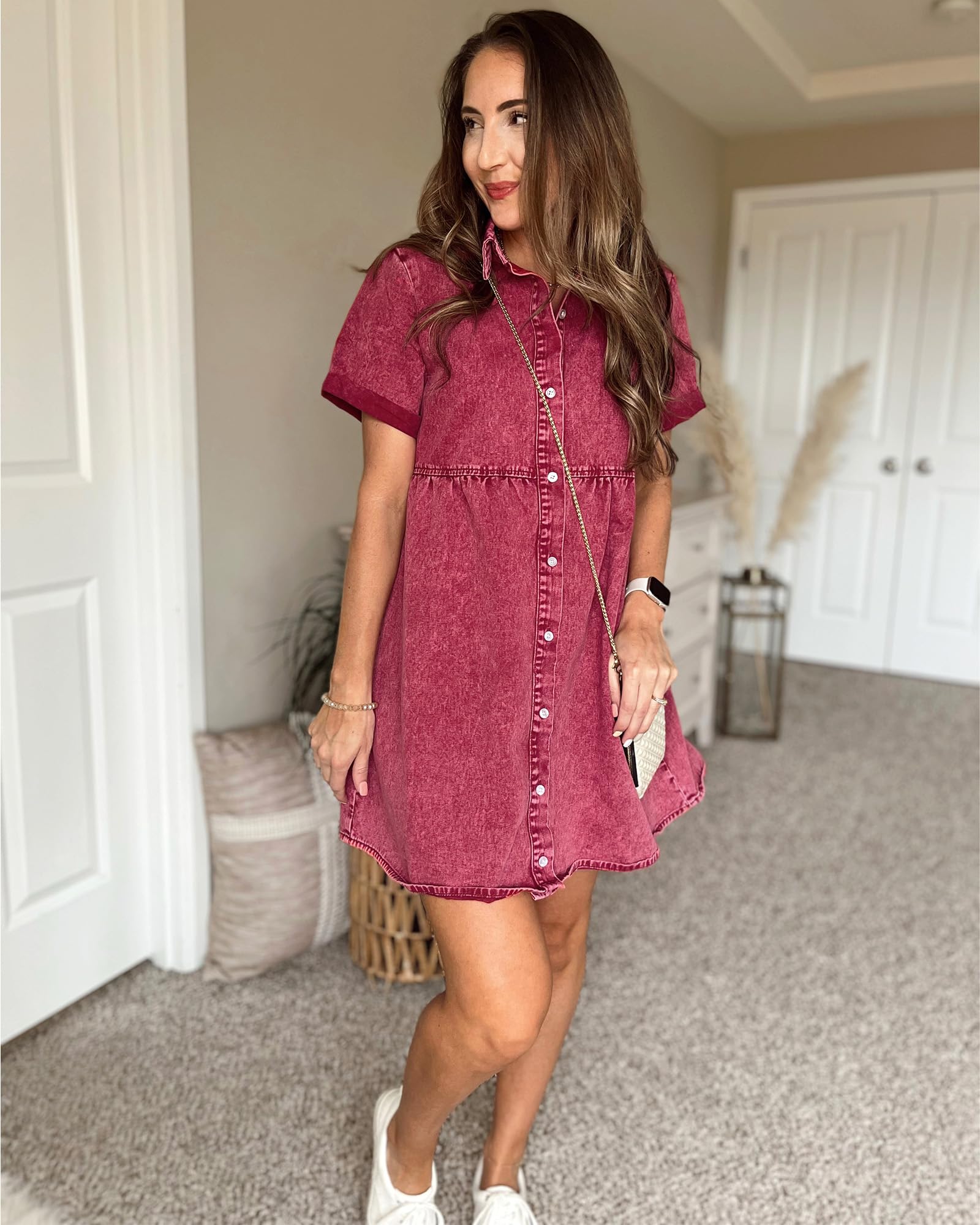 GRAPENT Women's Denim Babydoll Dress - Tiered Short Sleeve Button Down Jean Shirt Dress for Casual Wear, Date Night & Summer Outfits