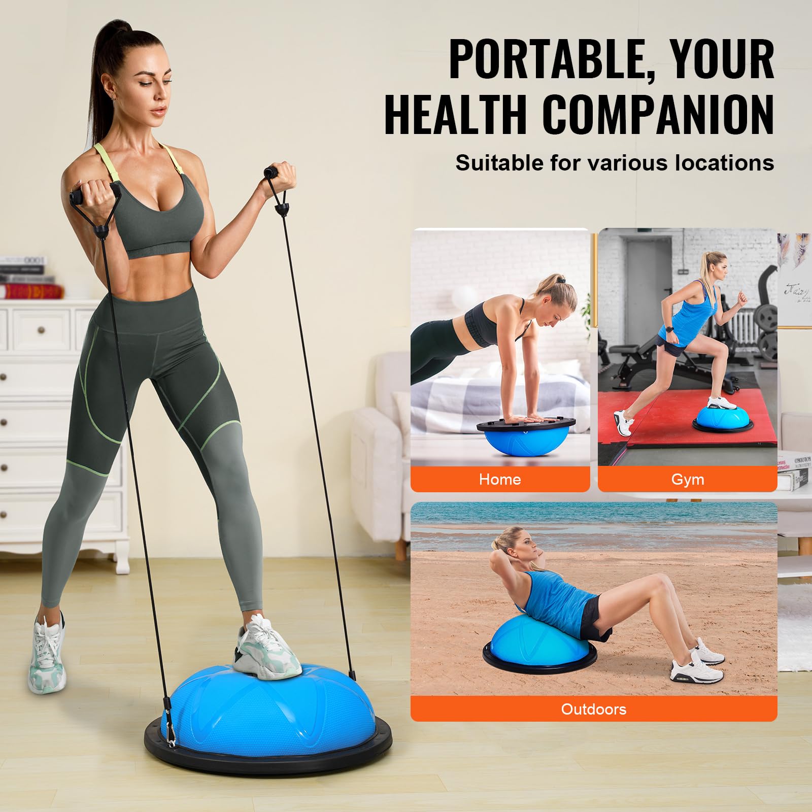 VEVOR 23/26 Inch Half Exercise Ball Trainer - 1500lbs Capacity Stability Ball with Resistance Bands & Foot Pump - Yoga Balance Ball for Home Gym, Core Workouts, Pilates, Physical Therapy & Full Body Fitness - Black