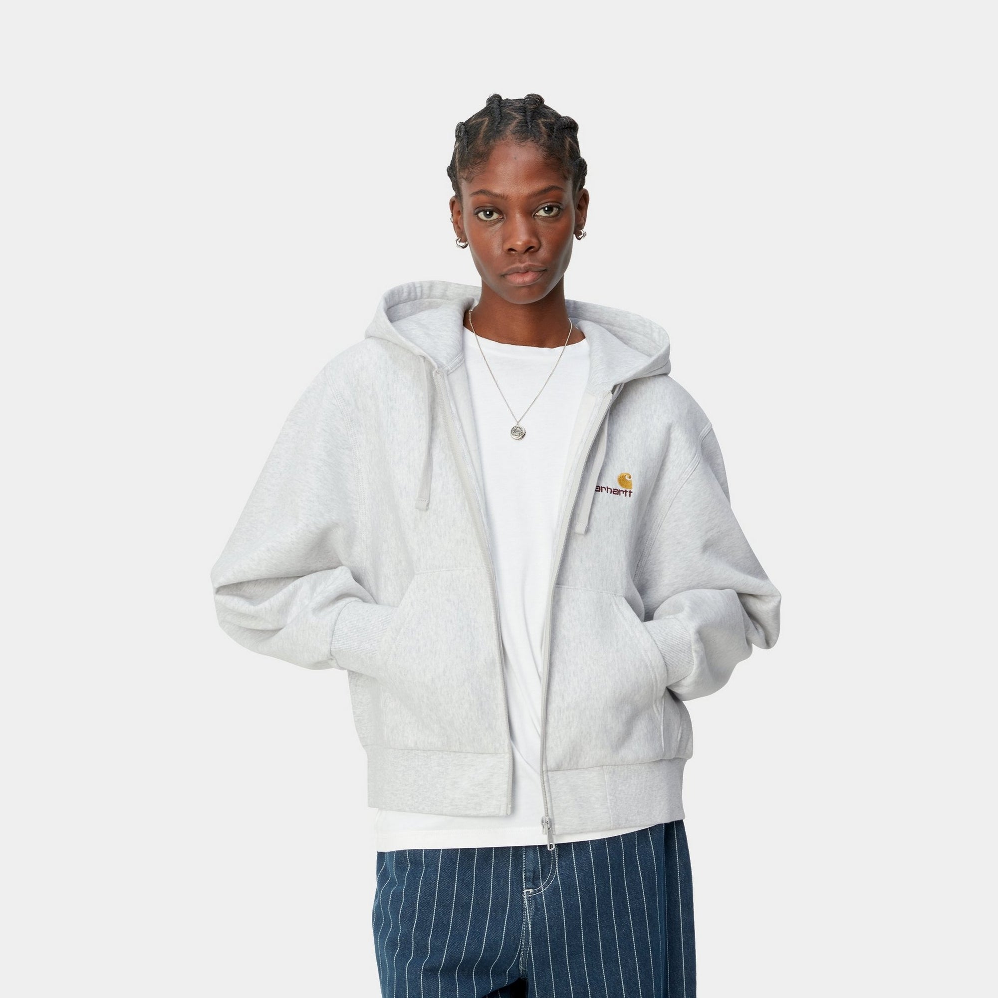 Women's Hooded American Script Jacket - Soft Fleece Pullover with Front Pockets | Ash Heather | Perfect for Casual Outfits, Outdoor Adventures & College Campuses