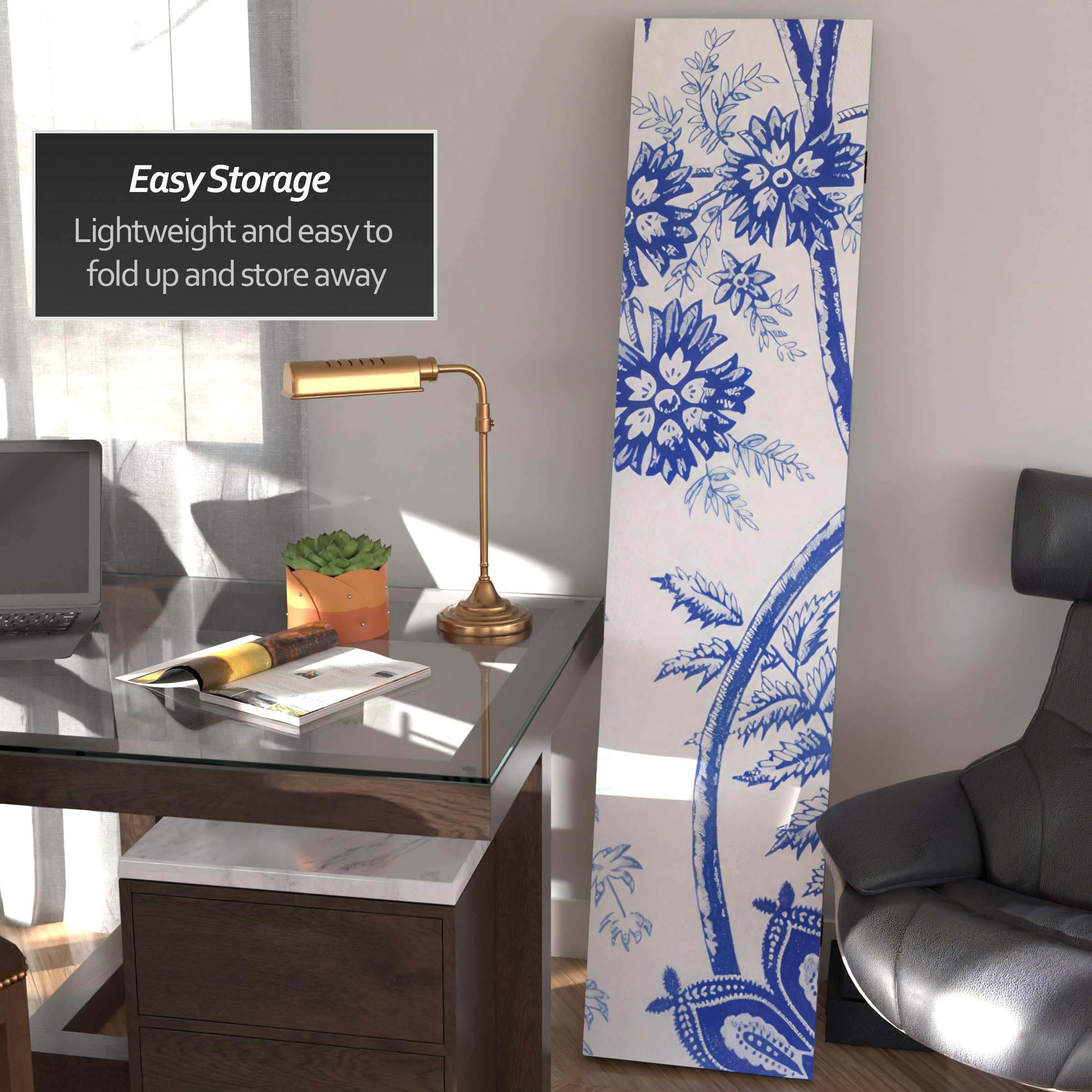 6 ft. Tall Blue Toile Double Sided Folding Room Divider Screen - 3 Panel Privacy Partition for Home, Office & Event Decor - 71 Inch Height for Versatile Space Separation