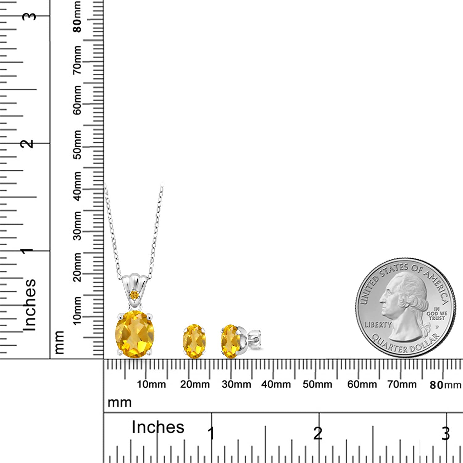 925 Sterling Silver Yellow Citrine & Sapphire Pendant Earrings Set for Women - 5.85cttw Oval Gemstone Birthstone Jewelry (11x9mm & 8x6mm) with 18