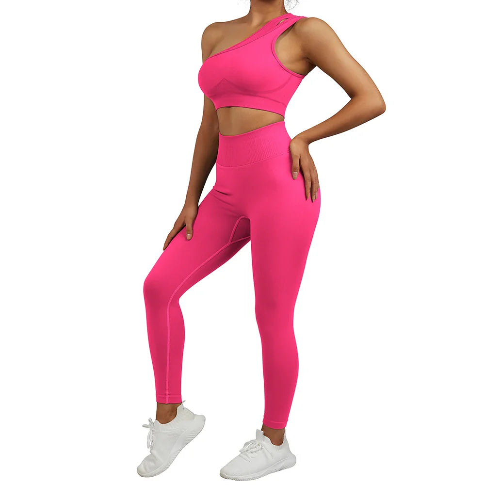 2 Pcs Women's Seamless Yoga Set - One Shoulder Workout Outfits for Gym, Fitness & Sports | Breathable & Comfortable Activewear for Yoga, Running & Training