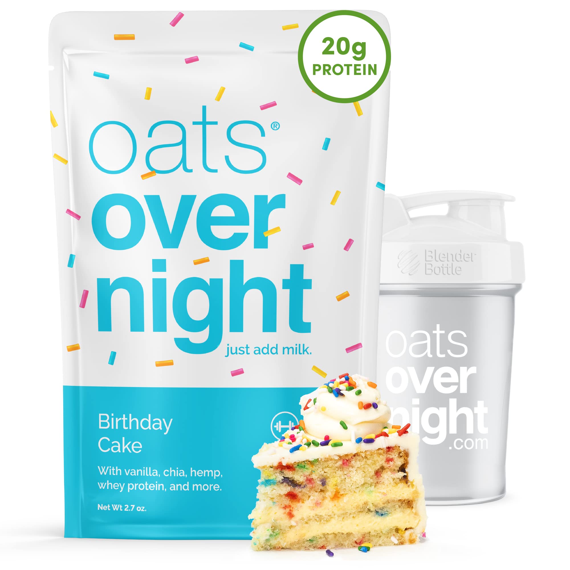 Oats Overnight Birthday Cake Protein Oatmeal - 20g Protein, 5g Fiber Gluten Free Non-GMO Breakfast Shake (8 Pack with BlenderBottle) - Perfect for Quick Morning Meals, Post-Workout Recovery & Healthy On-the-Go Snacking