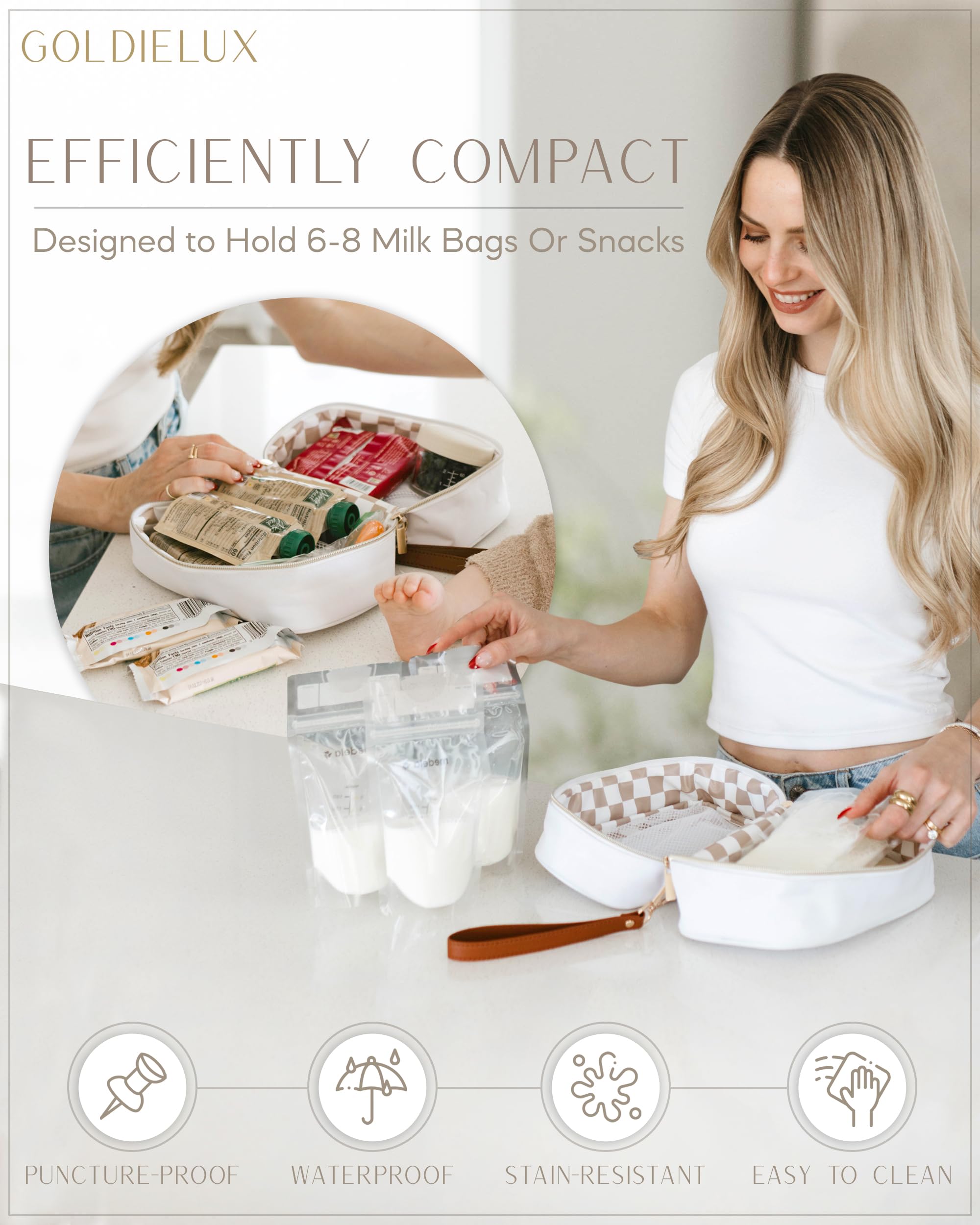 Waterproof Breast Milk Cooler Bag with Ice Pack - Insulated Travel Cooler for Breastmilk Storage, Checkerboard Interior & Leather Strap - Perfect for Moms On-the-Go, Daycare, or Traveling with Baby