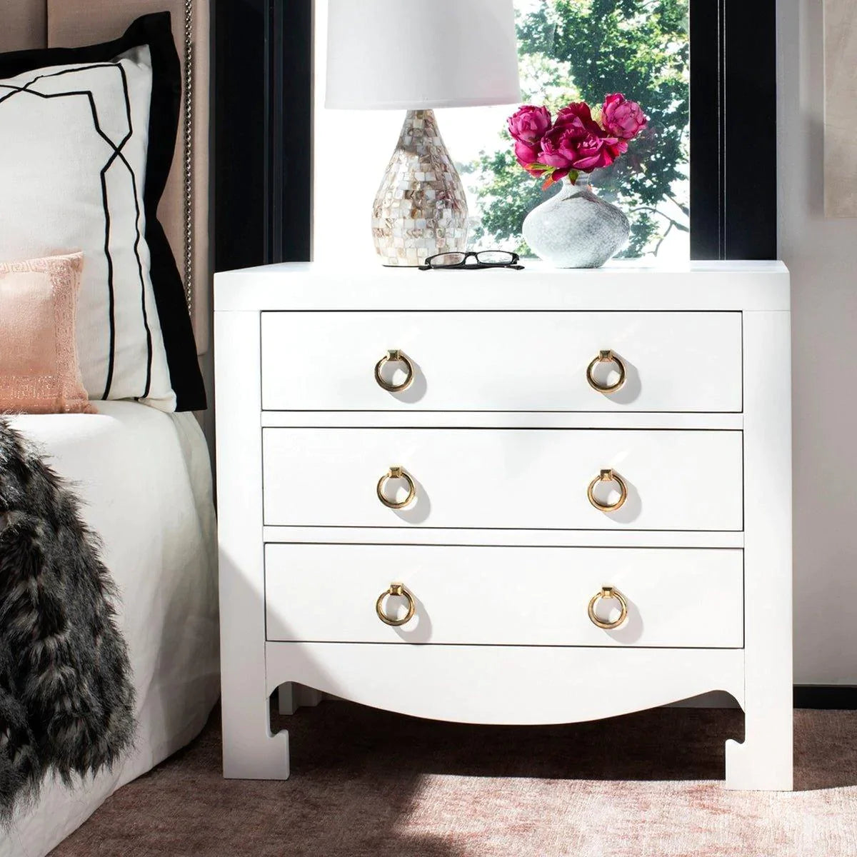 Asian Style White 3-Drawer Side Table with Gold Hardware - Modern Nightstand for Bedroom, Living Room, or Office