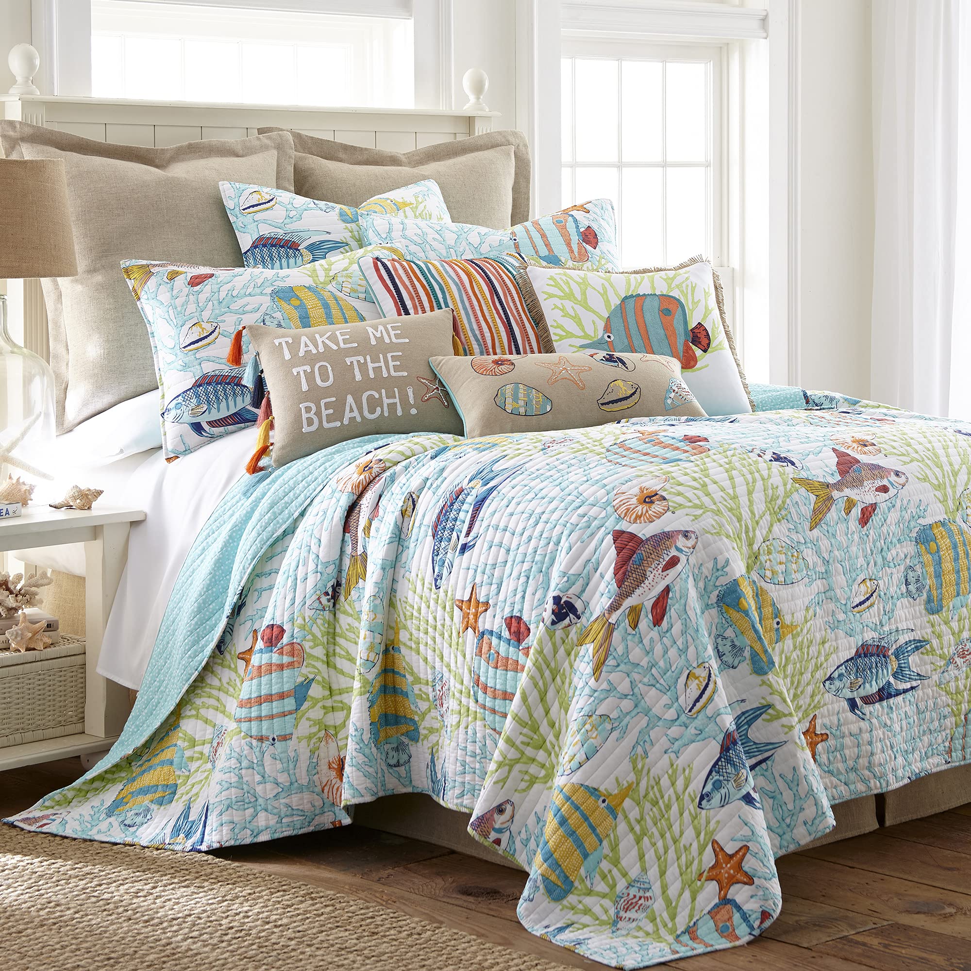 Levtex Home Beachwalk Full/Queen Quilt Set - 100% Cotton Reversible Coastal Bedding in Teal | Perfect for Beach House Decor & Coastal Themed Bedrooms