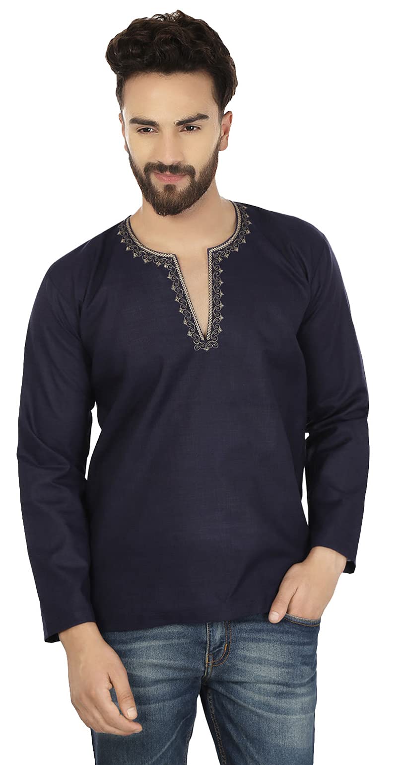 Men's Embroidered Cotton Short Kurta - Traditional Indian Fashion Shirt for Casual Wear & Festive Occasions | Maple Clothing