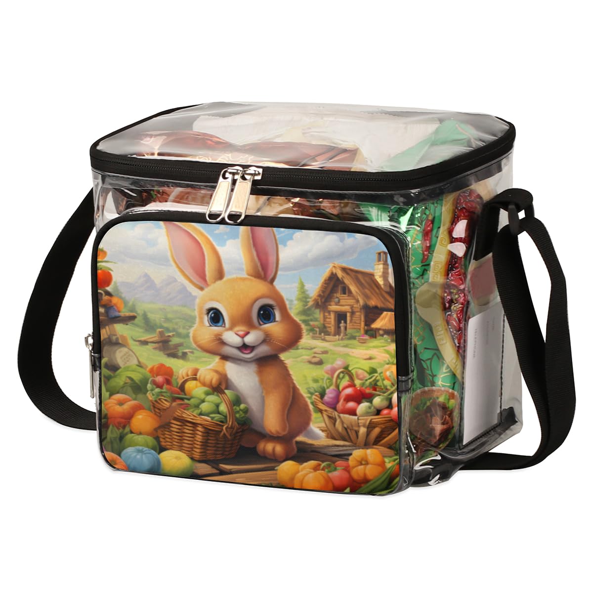 Cartoon Animal Rabbit Clear Tote Bag with Handles - Farmhouse Style Transparent Crossbody Shoulder Bag for Lunch, Outdoor, Travel, Picnic, Concerts & Sports Events - Stadium Approved Multipurpose Carryall (Perfect for Beach Days, Music Festivals & School Essentials)
