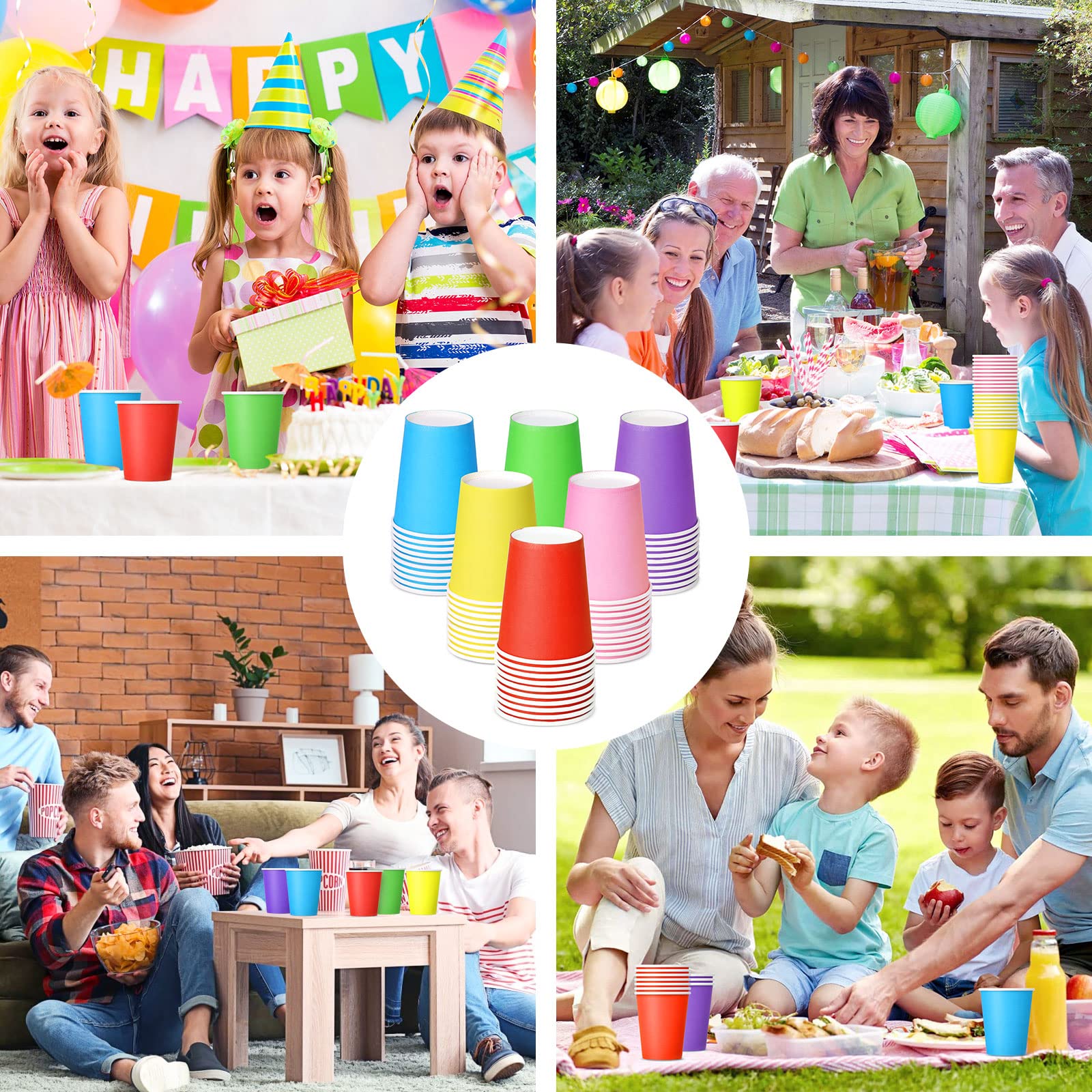 NUZEKY Disposable Paper Party Cups - 60 Pack 9oz Colorful Drinking Cups for DIY, Holiday, Wedding & Birthday Parties - Bulk Pack of 6 Vibrant Colors - Perfect for Celebrations, BBQs, and Family Gatherings