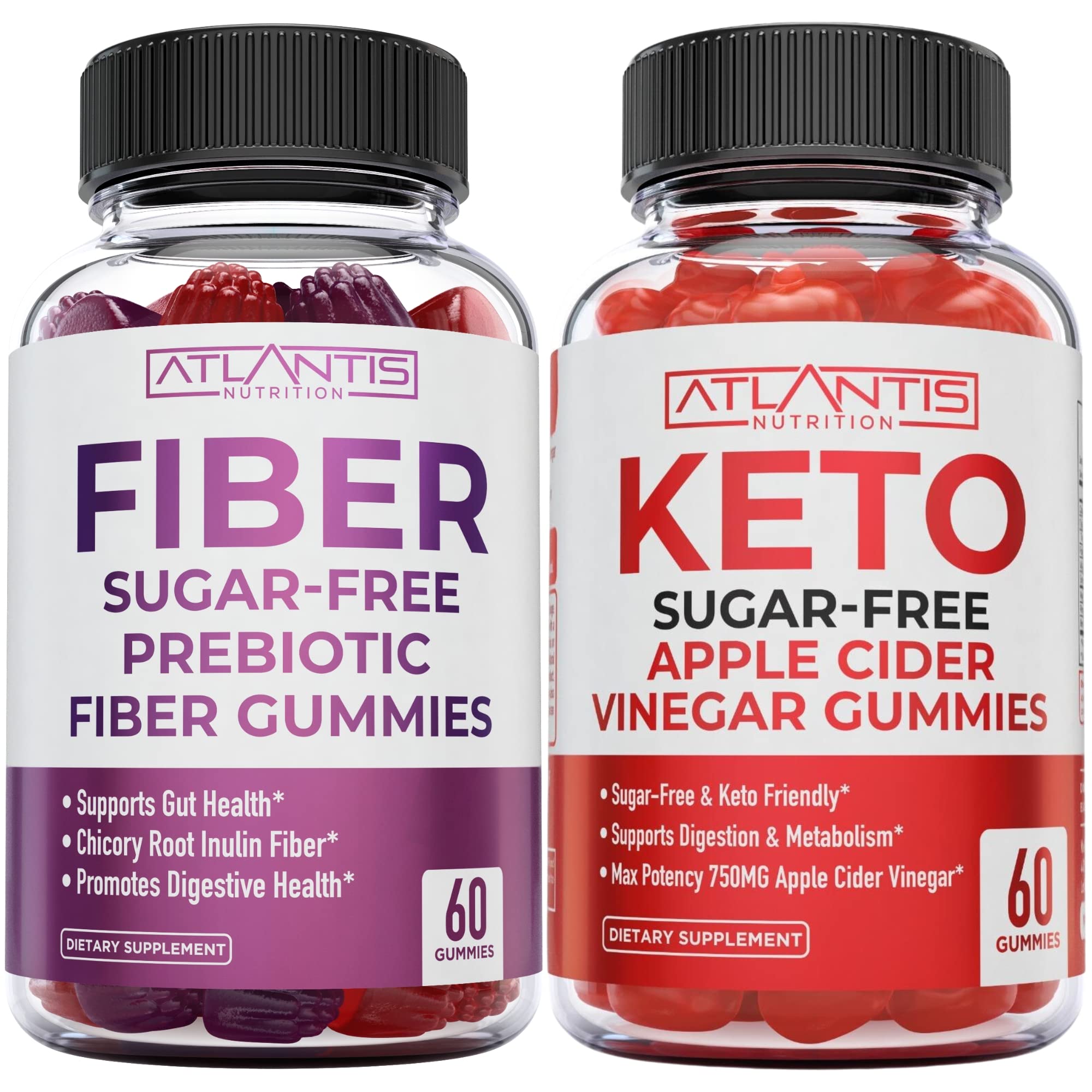 Atlantis Nutrition Sugar Free Prebiotic Fiber Gummies for Adults - 2 Pack (120 Gummies) | Keto Friendly Digestive Support | Apple Cider Vinegar Supplement 60 Gummies | Supports Gut Health & Weight Management - Perfect for Keto Diet & Daily Wellness Routine