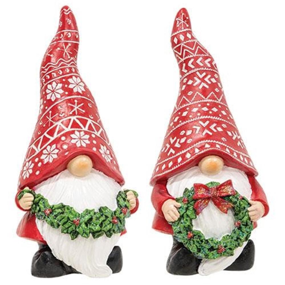 Hand-Carved Winter Greenery Resin Gnome Set of 2 - Festive Holiday Decor for Home, Garden, and Christmas Tree Decoration