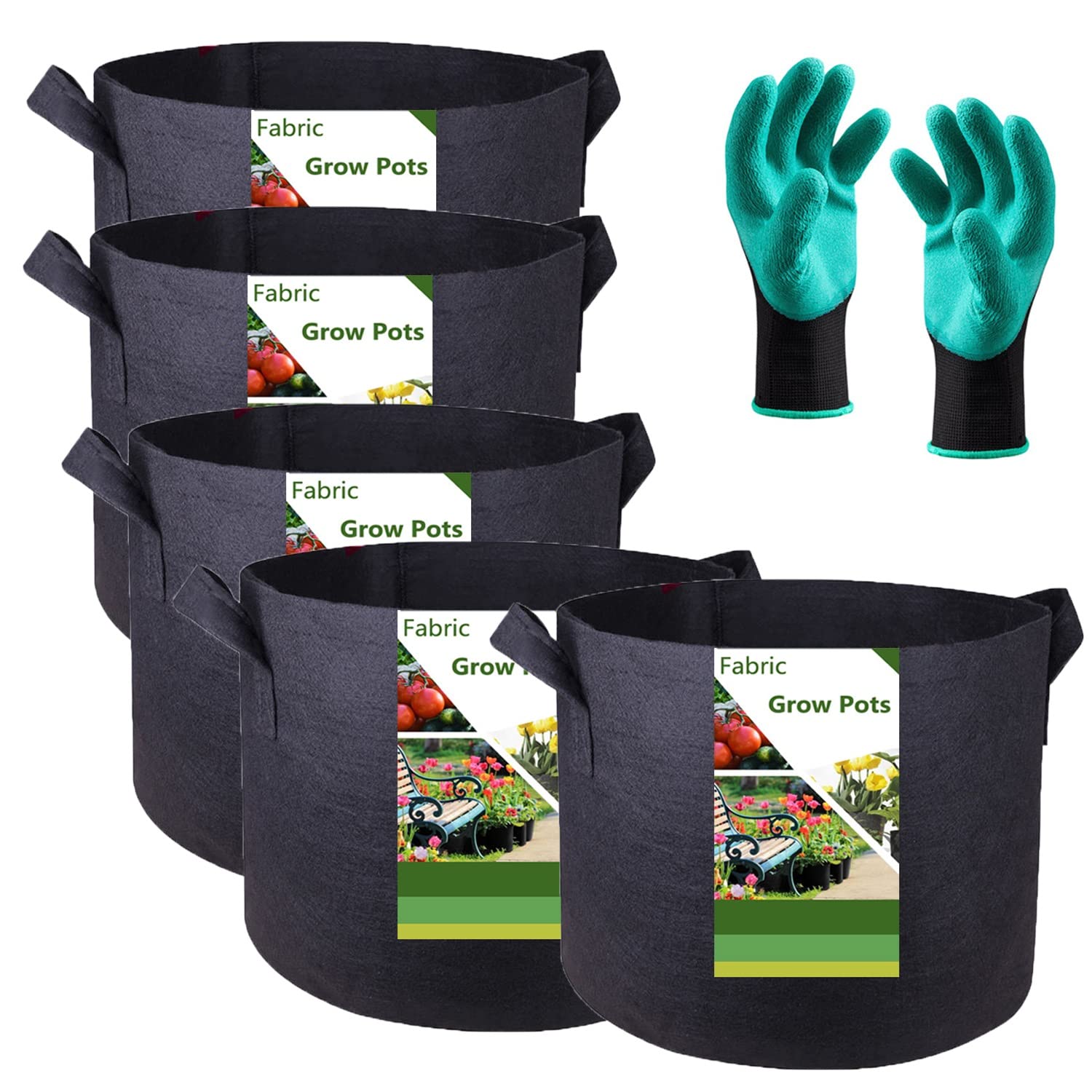 5-Pack 1 Gallon Thickened Fabric Grow Bags for Plants - 7x6 Inch Reusable Gardening Pots for Herbs, Vegetables, Flowers & Nursery Plants | Includes Free Garden Gloves | Perfect for Indoor/Outdoor Planting, Urban Gardening & Container Gardening