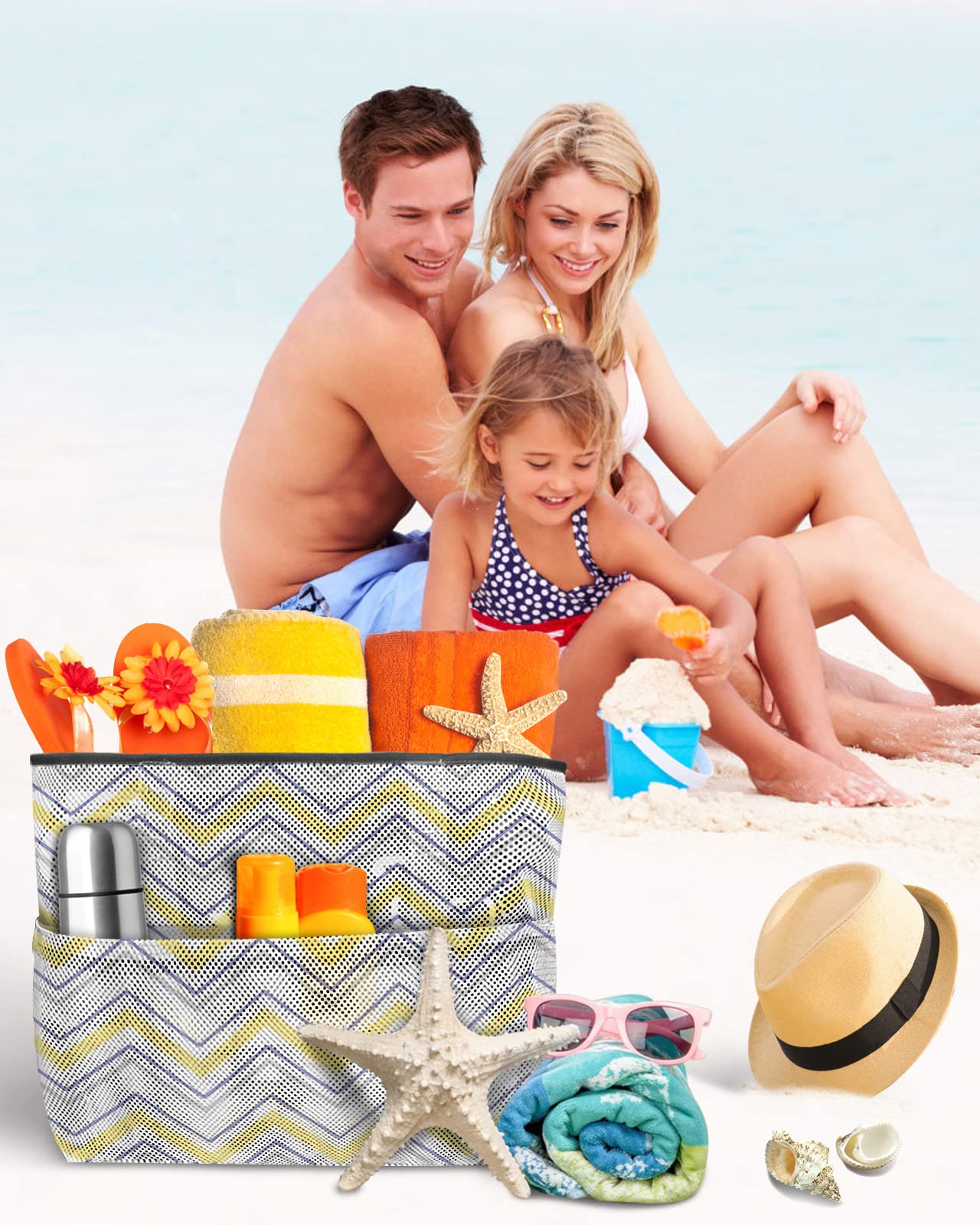 Mesh Beach Tote Bag - 60L Oversized Chevron Striped Swim Bag with Pockets | Quick-Dry, Foldable & Lightweight | Perfect for Beach, Pool, Grocery Shopping & Toy Storage (24