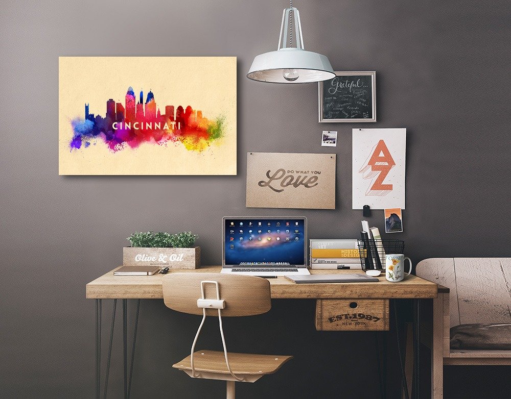 Lantern Press Cincinnati Ohio Skyline Abstract Art - 12x18 Wrapped Canvas Wall Decor for Living Room, Bedroom & Office - Modern Home Artwork for Urban Style Interior Design