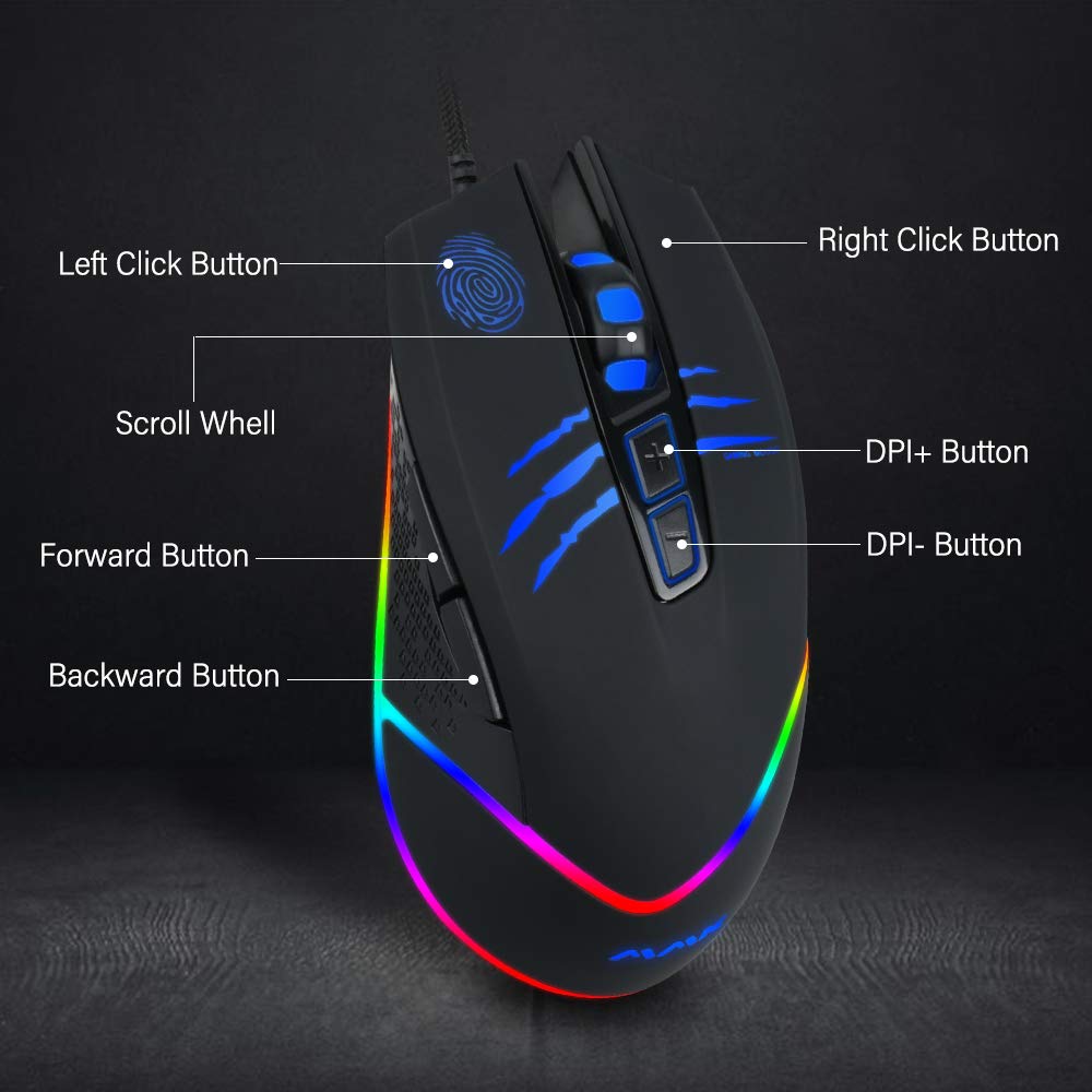RGB Backlit Wired Gaming Mouse - 7 Programmable Buttons, 1200-7200 DPI Adjustable, USB Optical Mouse for PC, Laptop, Desktop - Perfect for FPS, MOBA Games & Professional Esports