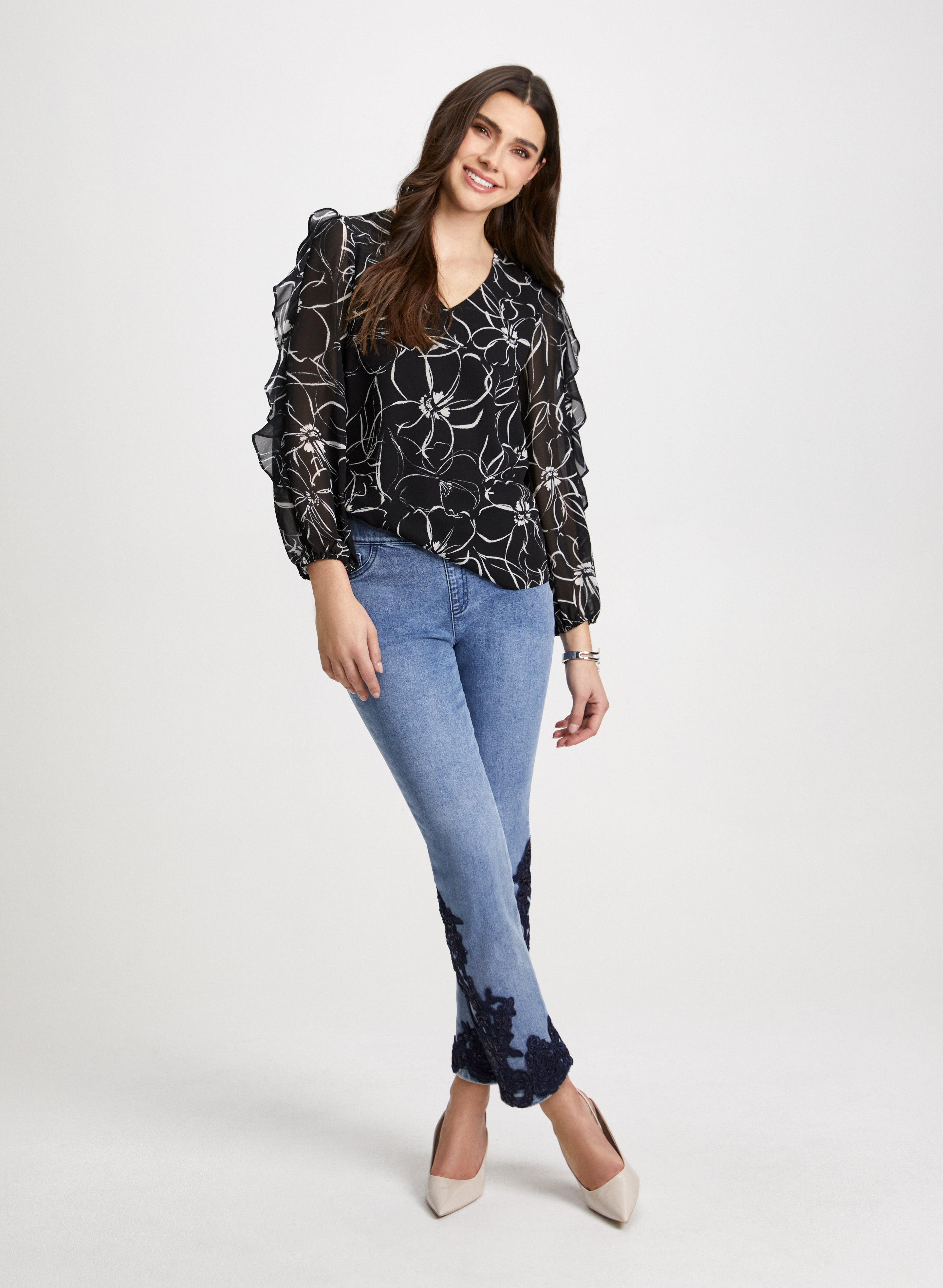 Floral Ruffle Sleeve Blouse & Embroidered Jeans Set - Women's Boho Chic Outfit for Spring Summer, Perfect for Dating, Parties and Casual Wear