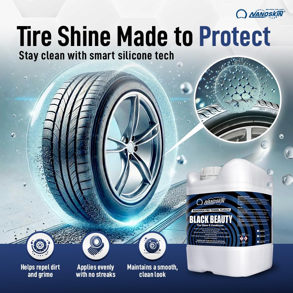 Nanoskin Black Beauty Tire Shine & Conditioner 5 Gallons - Water-Repellent UV Resistant Tire Shine Spray - Non-Greasy Formula Restores Deep Black Finish - Works with Manual & Automatic Applicators for Cars, Trucks, SUVs - Perfect for Car Detailing, Auto Show Prep & Daily Vehicle Maintenance