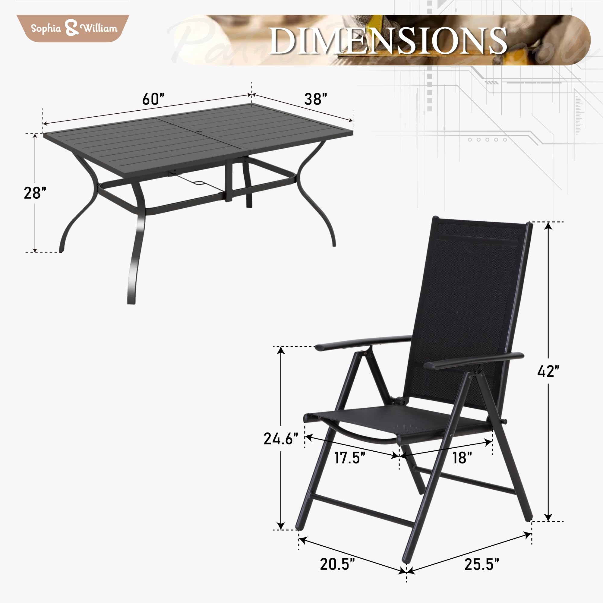 7-Piece Outdoor Patio Dining Set with 6 Foldable Textilene Chairs & Adjustable Umbrella Hole - Perfect for Backyard BBQs, Poolside Lounging & Garden Entertaining | Blue Sophia & William Furniture
