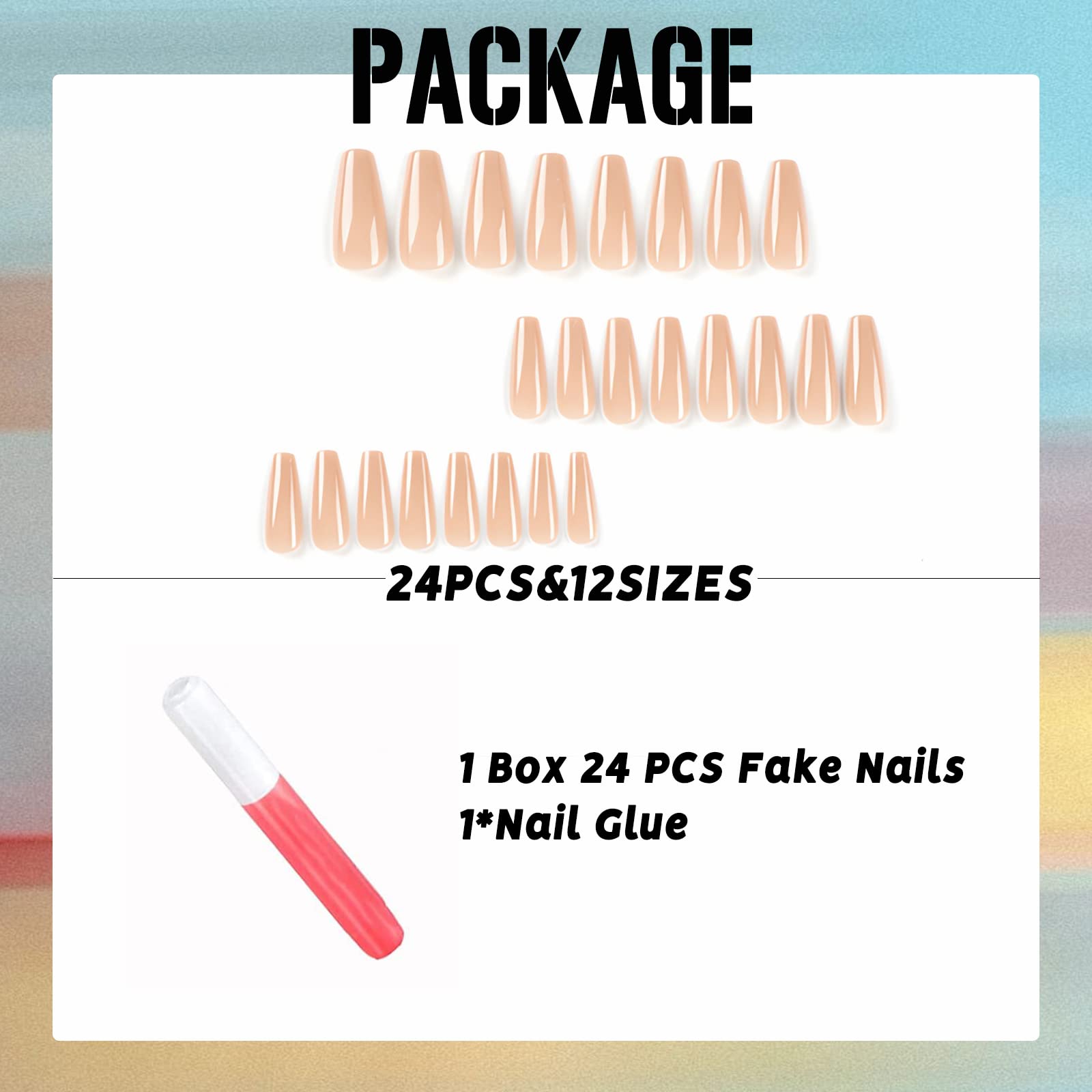 IMSOHOT 24PCS Coffin Press-On Nails - Long Ballerina Fake Nails, Nude Full Cover Acrylic Glossy Stick-On Nails for Women | Perfect for Parties, Weddings & Everyday Glam