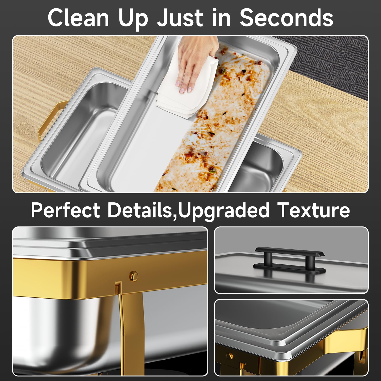 Premium 4-Pack 9.5QT Stainless Steel Chafing Dish Buffet Set with Gray Handle - Complete Catering Chafer Kit for Restaurants, Weddings & Buffet Service (Golden)