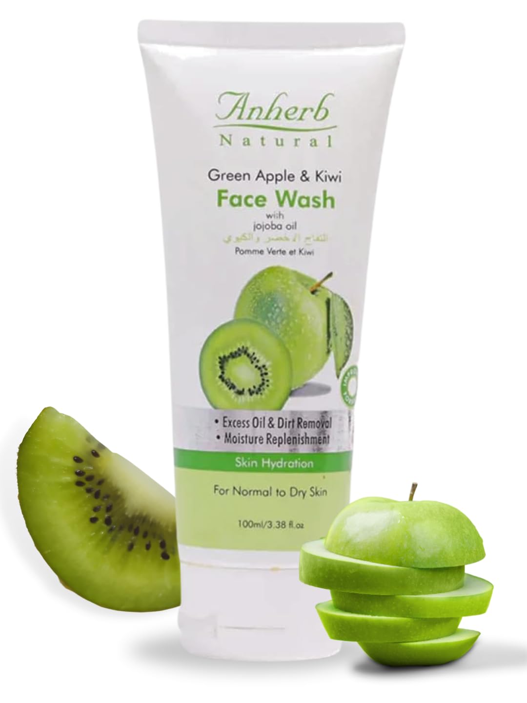 Anherb Green Apple & Kiwi Facial Cleanser 100g - Natural Foaming Face Wash for Acne & Oily Skin - Gentle Daily Cleanser for Men & Women - Perfect for Morning & Night Skincare Routine