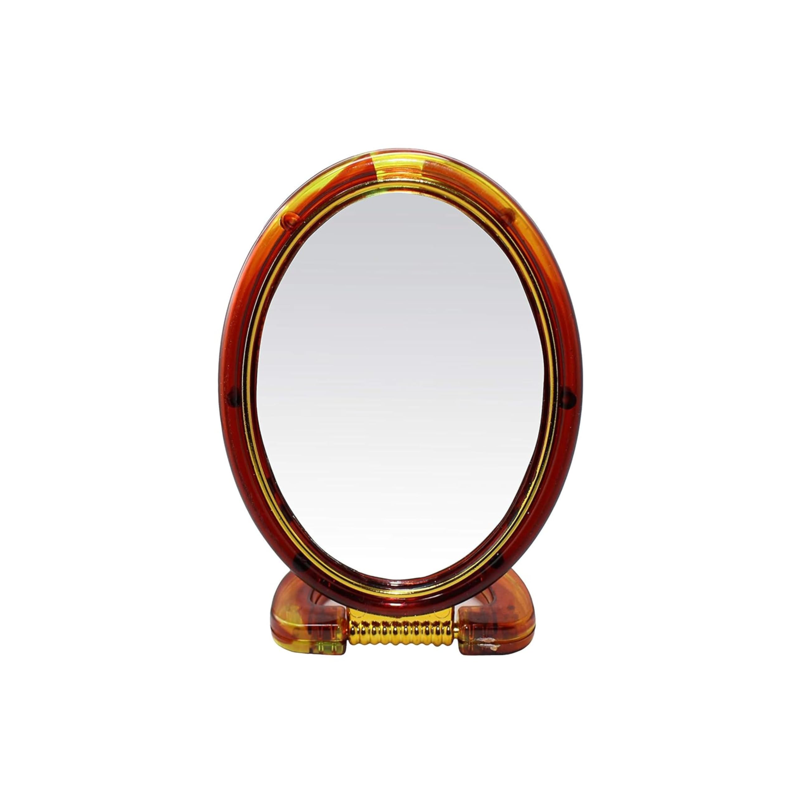 5X Magnifying Cosmetic Mirror with Foldable Base - Dual-Sided Vanity Mirror (1X Regular & 5X Magnified) - 14.5x11cm Oval Brown Makeup Mirror for Precise Eyebrow Tweezing, Eyelash & Ear Lobe Accessories Application
