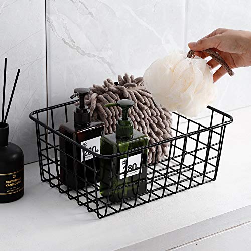 LeleCAT Wire Baskets with Handles - 2 Pack Black Metal Storage Bins for Pantry, Closet, Bedroom & Office Organization - Space Saving Home Decor & Storage Solution