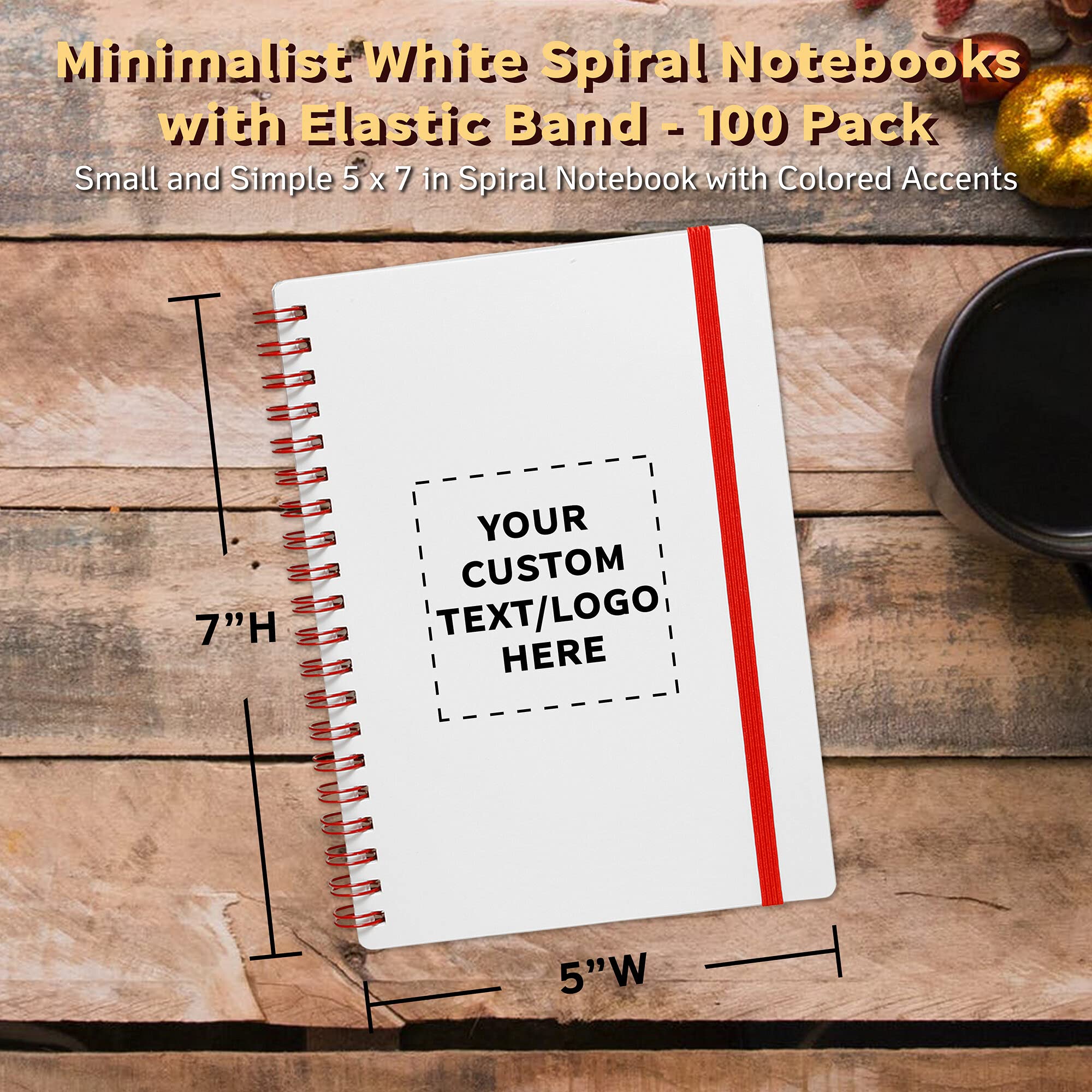 100-Pack White Spiral Notebooks with Elastic Band - Customizable Text & Logo - 80 Lined Pages, Eco-Friendly Recycled Paper - Perfect for Office, School & Gifts (Red)