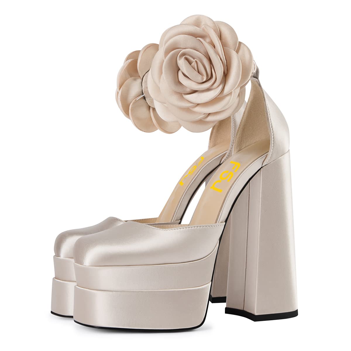 FSJ Women's High Platform Chunky Heel Ankle Strap Sandals - Square Toe Satin Dress Shoes for Club Party & Evening Wear (US Size 4-15) | Comfortable Wedding, Prom & Special Occasion Pumps