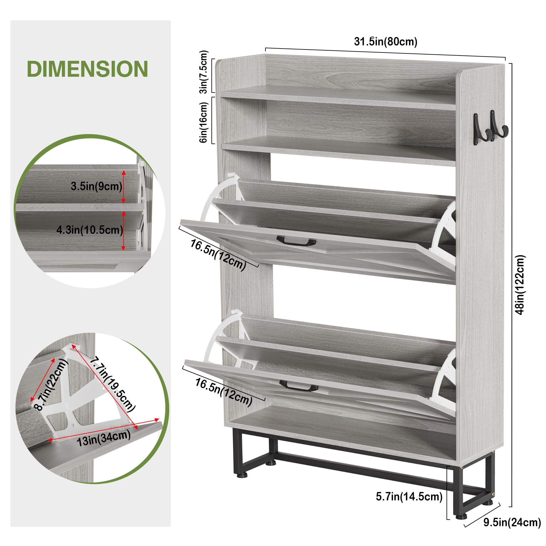 Slim Shoe Storage Cabinet with 2 Flip Drawers - Adjustable Shelves Freestanding Hidden Shoe Organizer for Entryway, Hallway, Closet - Space Saving Grey Cabinet for Shoes, Boots & Sneakers - Perfect for Small Apartments & Home Organization