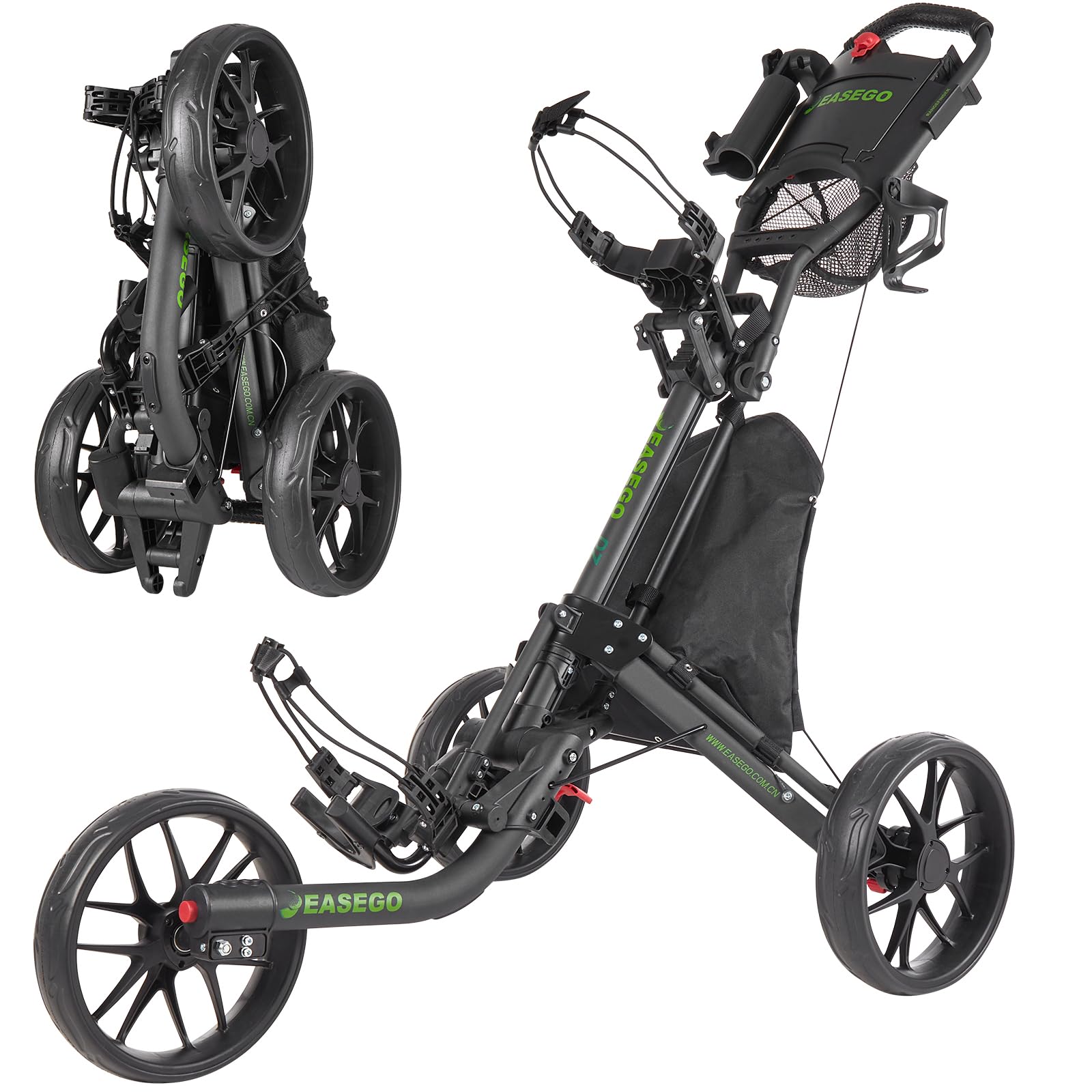 3 Wheel Golf Push Cart - Foldable Golf Bag Cart with Phone Holder, Cup Holder & Umbrella Holder | Compact Quick-Fold Design with Large Wheelbase for All Terrains | Perfect for Golf Courses, Driving Ranges & Outdoor Practice
